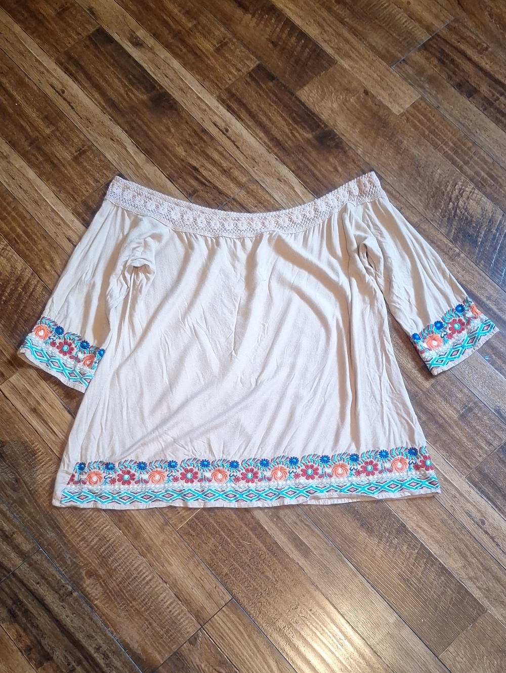 Turquoise Haven Boho Cowgirl Off Shoulder Embroidered  Top Tan Size L